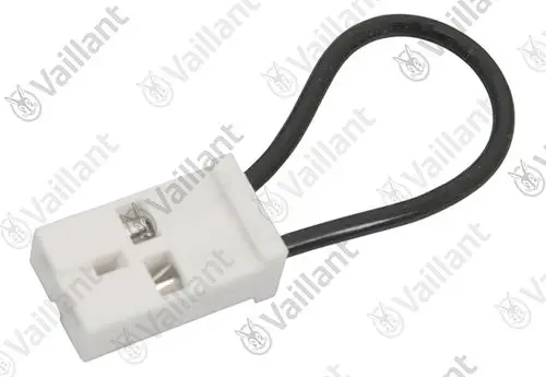 Weißer Vaillant Brückenstecker mit zwei Metallanschlüssen und einem schwarzen Kabel.